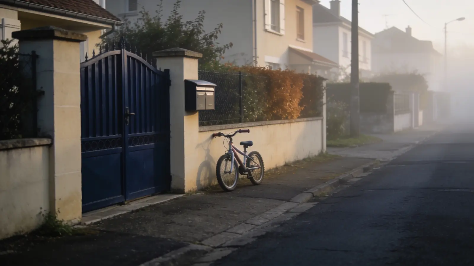 Rue résidentielle au petit matin, portail, boîte aux lettres et vélo d'enfant contre un muret