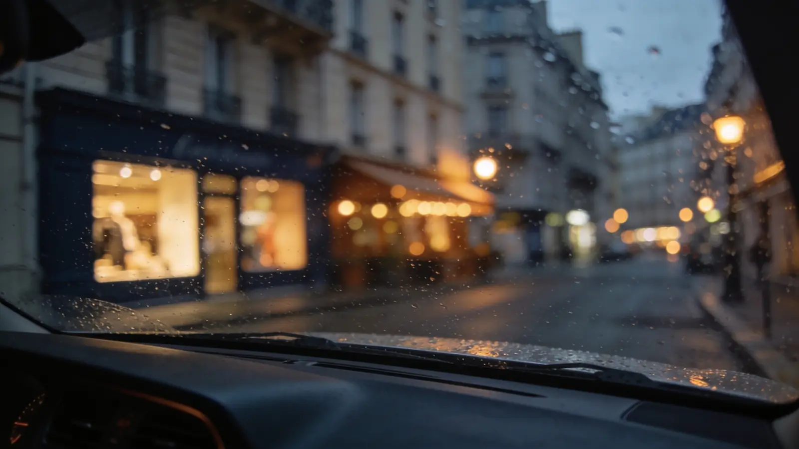 Rue de centre-ville la nuit vue depuis une voiture garée, pluie sur le pare-brise