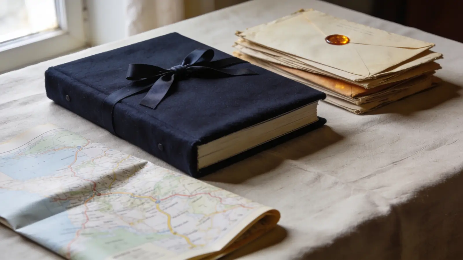 Album photo fermé par un ruban, lettres anciennes et carte routière sur une nappe