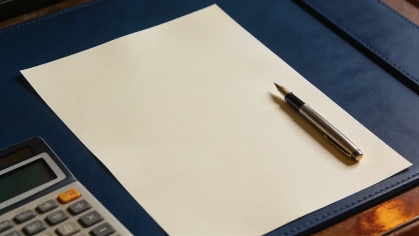 Feuille de devis vierge, stylo plume et calculatrice sur un sous-main bleu marine